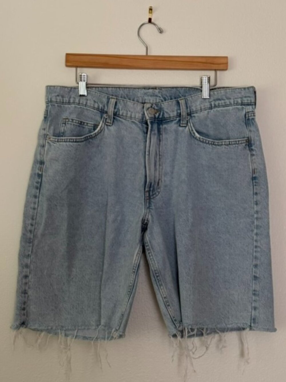 &Denim Light Wash Baggy Bermuda Denim Shorts Raw Hem Size 12